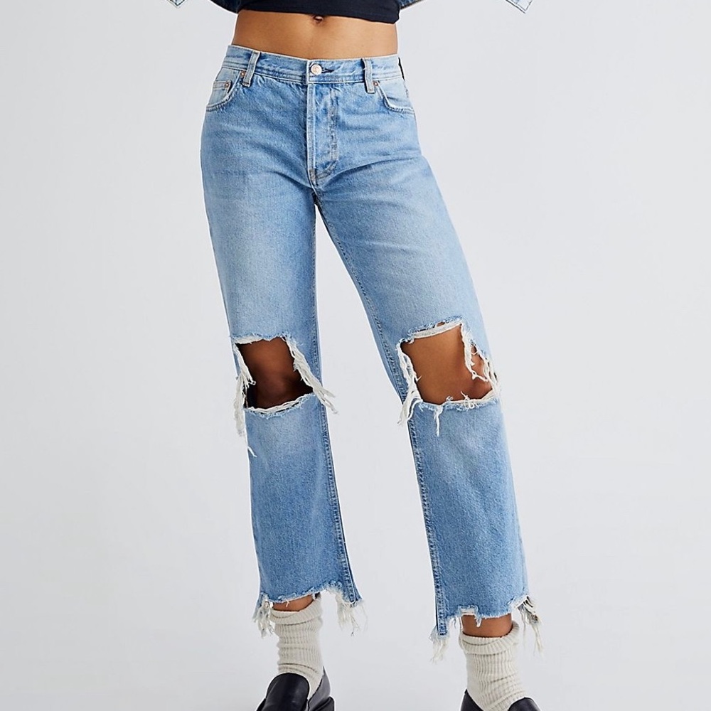 We The Free Maggie Mid-Rise Straight Leg Jeans by Free People in Light Stone